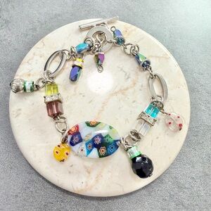 Silver Tone Colorful Millefiori toggle Bracelet Lampwork Glass Bead Charms